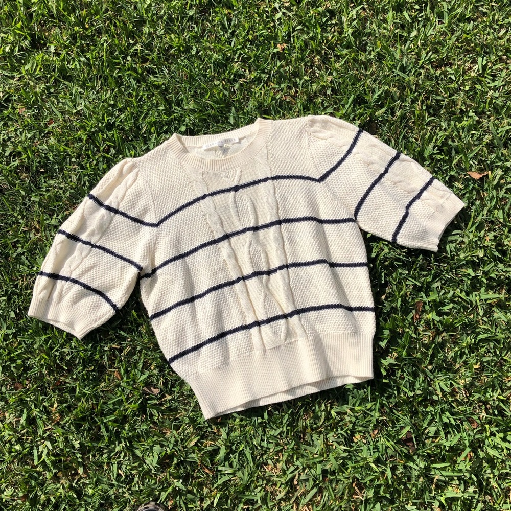 Veronica Beard ivory cream cable knit striped short sleeve crew neck sweater